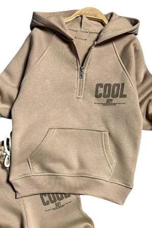 Erkek Çocuk Cool Boy Baskılı Fermuarlı Yaka Cepli Sweatshirt Bej Eşofman Takım