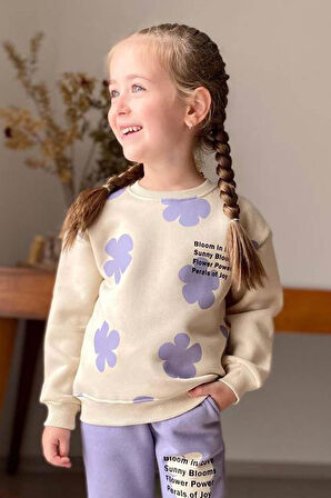 Kız Çocuk Pano Çiçek Baskı Bisiklet Yaka Kazak Lila Eşofman Takım