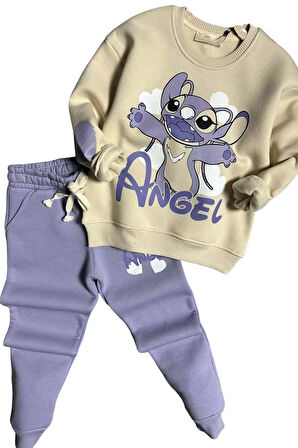 Kız Çocuk Stitch Karakter ve Angel Yazı Baskılı Lila Eşofman Takım