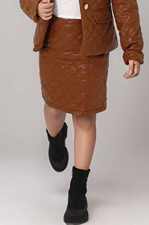 Kız Çocuk Boğazlı Kazak Kapitone Detaylı Ceket Deri Kahverengi Etekli Takım