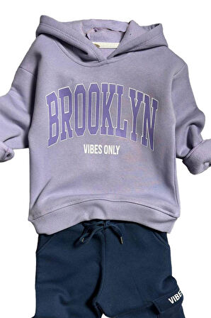 Kız Çocuk Brooklyn Detaylı Kapüşonlu Lila Eşofman Takım