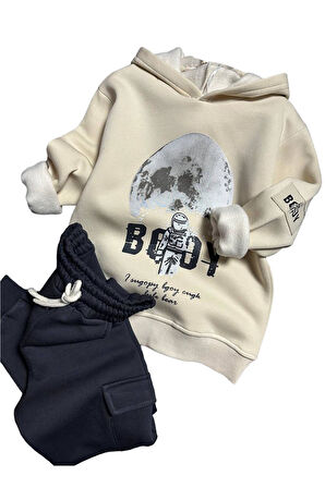 Erkek Çocuk Kapüşonlu Uzay ve Astronot Baskılı Şardonlu Siyah Eşofman Takım