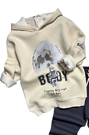 Erkek Çocuk Kapüşonlu Uzay ve Astronot Baskılı Şardonlu Siyah Eşofman Takım