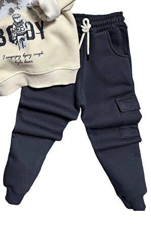 Erkek Çocuk Kapüşonlu Uzay ve Astronot Baskılı Şardonlu Siyah Eşofman Takım