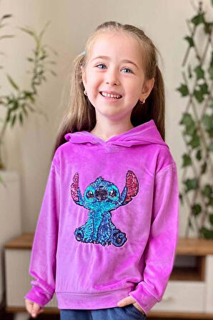 Kız Çocuk Stitch Karakter Baskılı Pullu Sweatshirt Mor Kadife Eşofman Takım