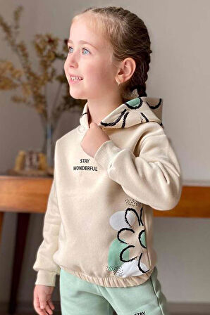 Kız Çocuk Stay Wonderful Çiçek Desenli İçi Pamuklu Yeşil Eşofman Takım