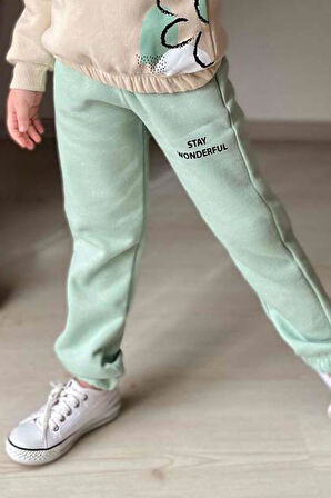 Kız Çocuk Stay Wonderful Çiçek Desenli İçi Pamuklu Yeşil Eşofman Takım