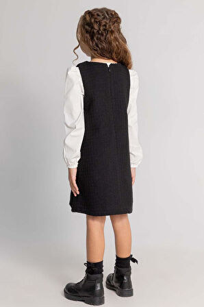 Kız Çocuk Uzun Kol Penye Tişört ve Önü Kurdele Detaylı İçi Astarlı Siyah Jile Elbise