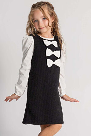 Kız Çocuk Uzun Kol Penye Tişört ve Önü Kurdele Detaylı İçi Astarlı Siyah Jile Elbise