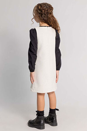 Kız Çocuk Uzun Kol Penye Tişört ve Önü Kurdele Detaylı İçi Astarlı Beyaz Jile Elbise