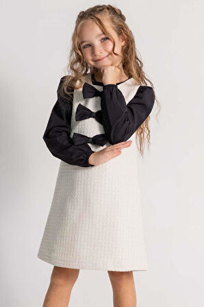 Kız Çocuk Uzun Kol Penye Tişört ve Önü Kurdele Detaylı İçi Astarlı Beyaz Jile Elbise