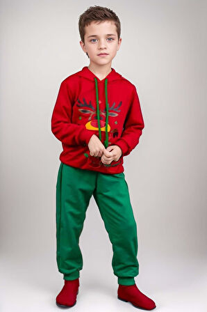 Kız Erkek Çocuk  Merry Christmas ve Geyik Baskılı Yeni Yıl Kırmızı Eşofman Takım