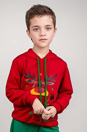 Kız Erkek Çocuk  Merry Christmas ve Geyik Baskılı Yeni Yıl Kırmızı Eşofman Takım