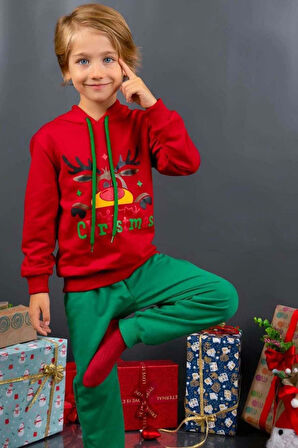 Kız Erkek Çocuk  Merry Christmas ve Geyik Baskılı Yeni Yıl Kırmızı Eşofman Takım