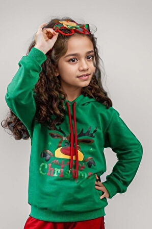 Kız Erkek Çocuk  Merry Christmas ve Geyik Baskılı Yeni Yıl Yeşil Eşofman Takım
