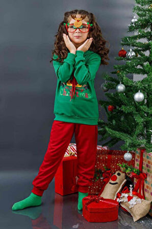 Kız Erkek Çocuk  Merry Christmas ve Geyik Baskılı Yeni Yıl Yeşil Eşofman Takım