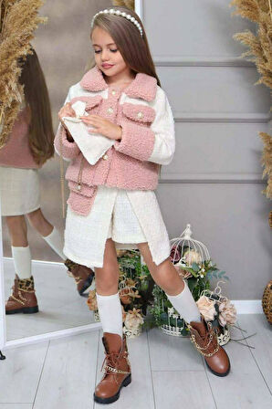 Kız Çocuk İnci Düğme ve Peluş Detaylı Gömlek Pembe Triko Etekli Takım