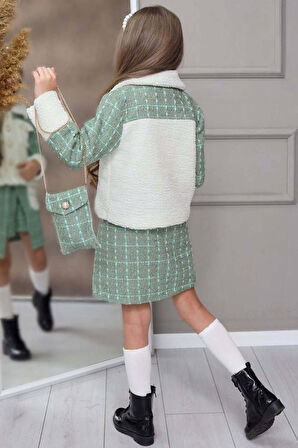 Kız Çocuk İnci Düğme ve Peluş Detaylı Gömlek Yeşil Triko Etekli Takım