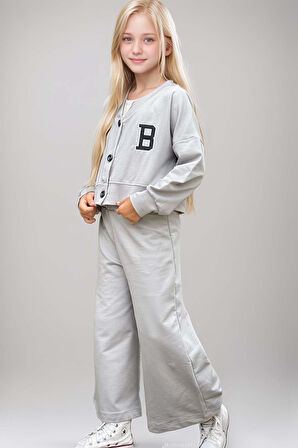 Kız Çocuk Harf Baskılı Düğmeli Kolej Hırka Bol Kesim Paça Gri Eşofman Takım