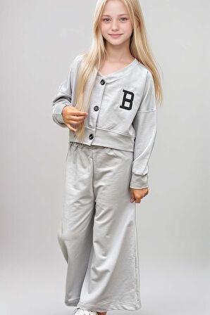 Kız Çocuk Harf Baskılı Düğmeli Kolej Hırka Bol Kesim Paça Gri Eşofman Takım