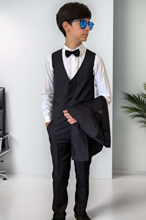 Erkek Çocuk Blazer Ceketli, Cepken Yelekli Siyah Takım Elbise 10-16 Yaş