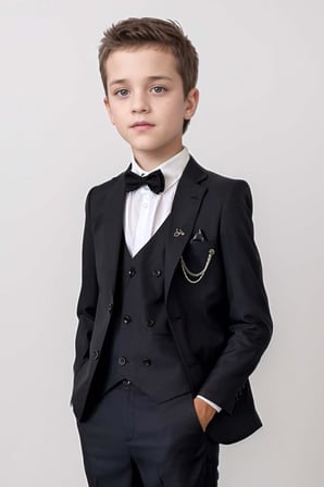 Erkek Çocuk Blazer Ceketli, Cepken Yelekli Siyah Takım Elbise 10-16 Yaş