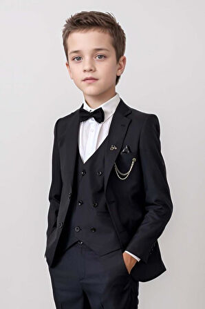 Erkek Çocuk Blazer Ceketli, Cepken Yelekli Siyah Takım Elbise 10-16 Yaş