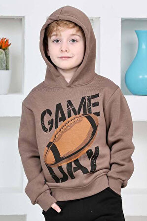 Erkek Çocuk Üzerinde Top ve Game Day Yazı Baskılı Sweatshirt 3 İplik Kahverengi Eşofman Takım