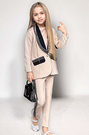 Kız Çocuk Taş İşleme Şal Yaka Blazer Ceket Dantel Detaylı Bluz Şerit Detaylı Krem Alt Üst Takım