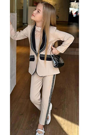 Kız Çocuk Taş İşleme Şal Yaka Blazer Ceket Dantel Detaylı Bluz Şerit Detaylı Krem Alt Üst Takım