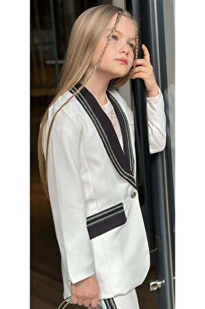 Kız Çocuk Taş İşleme Şal Yaka Blazer Ceket Dantel Detaylı Bluz Şerit Detaylı Beyaz Alt Üst Takım