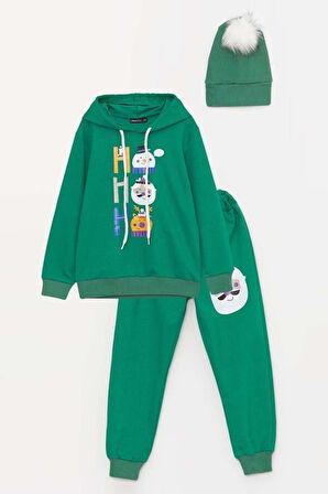 Kız Erkek Çocuk  Kardan Adam ve Yazı Baskılı Bereli Yeni Yıl Yeşil Eşofman Takım