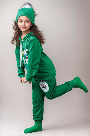 Kız Erkek Çocuk  Kardan Adam ve Yazı Baskılı Bereli Yeni Yıl Yeşil Eşofman Takım