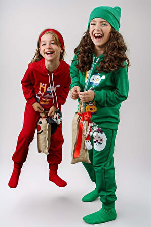 Kız Erkek Çocuk  Kardan Adam ve Yazı Baskılı Bereli Yeni Yıl Yeşil Eşofman Takım