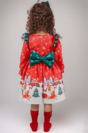Kız Çocuk Omuzları Fırfırlı Geyik ve Kar Tanesi Baskılı Kırmızı Noel Elbise