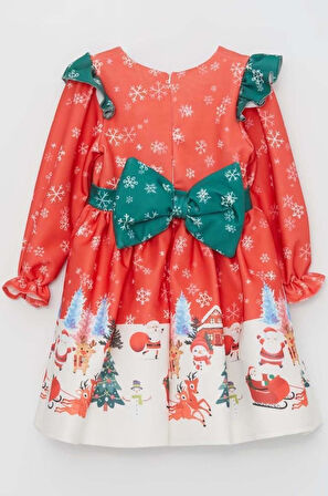 Kız Çocuk Omuzları Fırfırlı Geyik ve Kar Tanesi Baskılı Kırmızı Noel Elbise