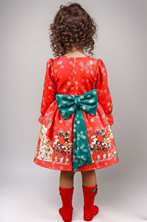 Kız Çocuk Üzeri Ev ve Ayıcık Desenli Beli Şerit Üzeri Puantiyeli Kırmızı Noel Elbise