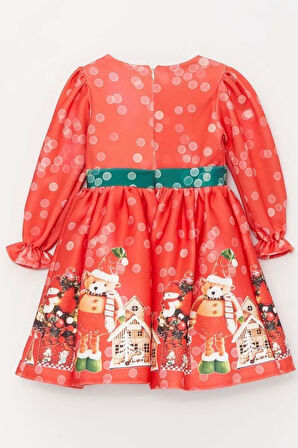 Kız Çocuk Üzeri Ev ve Ayıcık Desenli Beli Şerit Üzeri Puantiyeli Kırmızı Noel Elbise