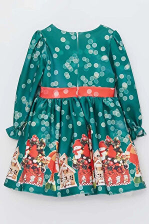 Kız Çocuk Üzeri Ev ve Ayıcık Desenli Beli Şerit Üzeri Puantiyeli Yeşil Noel Elbise