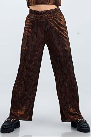 Kız Çocuk Parlak Kumaş Varaklı Bluz Pliseli Bol Kesim Pantolon Metal Rengi Alt Üst Takım