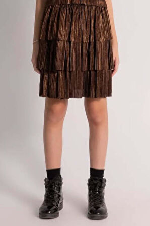 Kız Çocuk Parlak Kumaş Varaklı Bluz Pliseli Metal Rengi Etekli Takım