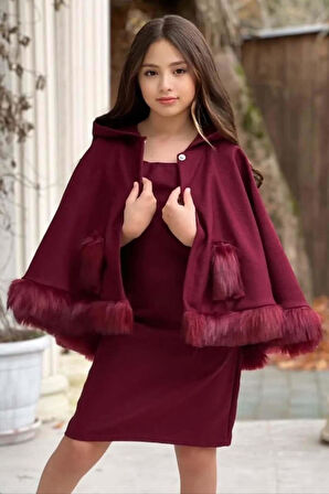 Kız Çocuk Kare Yaka Kolsuz Uçları Peluş Kapüşonlu Pelerinli Bordo Elbise