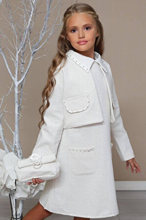 Kız Çocuk Blazer Ceketli Bebe Yaka Sıfır Kol Triko Beyaz Elbise