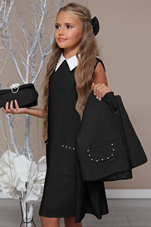 Kız Çocuk Blazer Ceketli Bebe Yaka Sıfır Kol Triko Siyah Elbise
