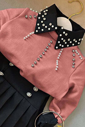 Kız Çocuk Üzeri Taş ve Boncuk İşlemeli Pudra Kazak Gömlek Kombin Gümüş Düğme Pileli Etekli Takım