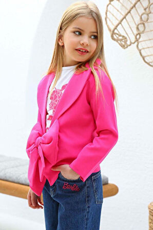 Kız Çocuk Digital ve Yazı Baskılı Tişört Önü Fiyonklu Blazer Ceket Pembe Alt Üst Takım