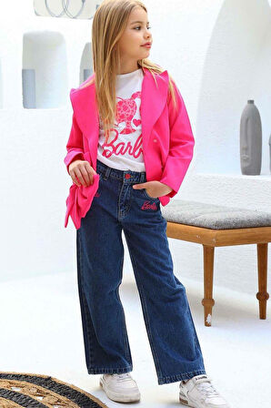 Kız Çocuk Digital ve Yazı Baskılı Tişört Önü Fiyonklu Blazer Ceket Pembe Alt Üst Takım