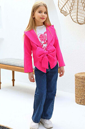 Kız Çocuk Digital ve Yazı Baskılı Tişört Önü Fiyonklu Blazer Ceket Pembe Alt Üst Takım