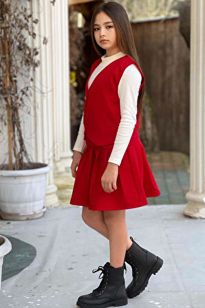 Kız Çocuk Balıkçı Yaka Kazak V Yaka Yelek Kemerli Pliseli Kırmızı Etekli Takım