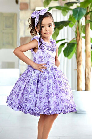 Kız Çocuk Yakası ve Etek Ucu Fırfırlı Üzeri Gül Baskılı Kolsuz Lila Elbise